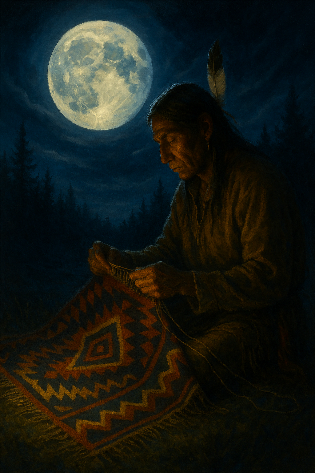 Ein Indianer webt eine Decke